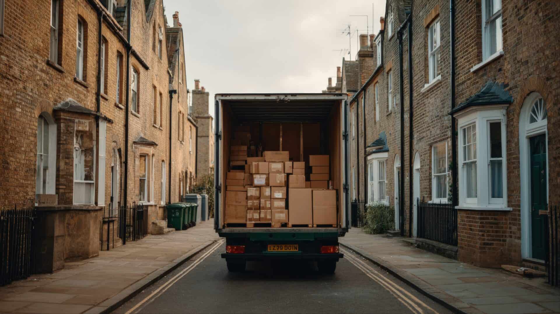 Moving Truck Loaded with Cardboard Boxes on a Street in a Residential Area