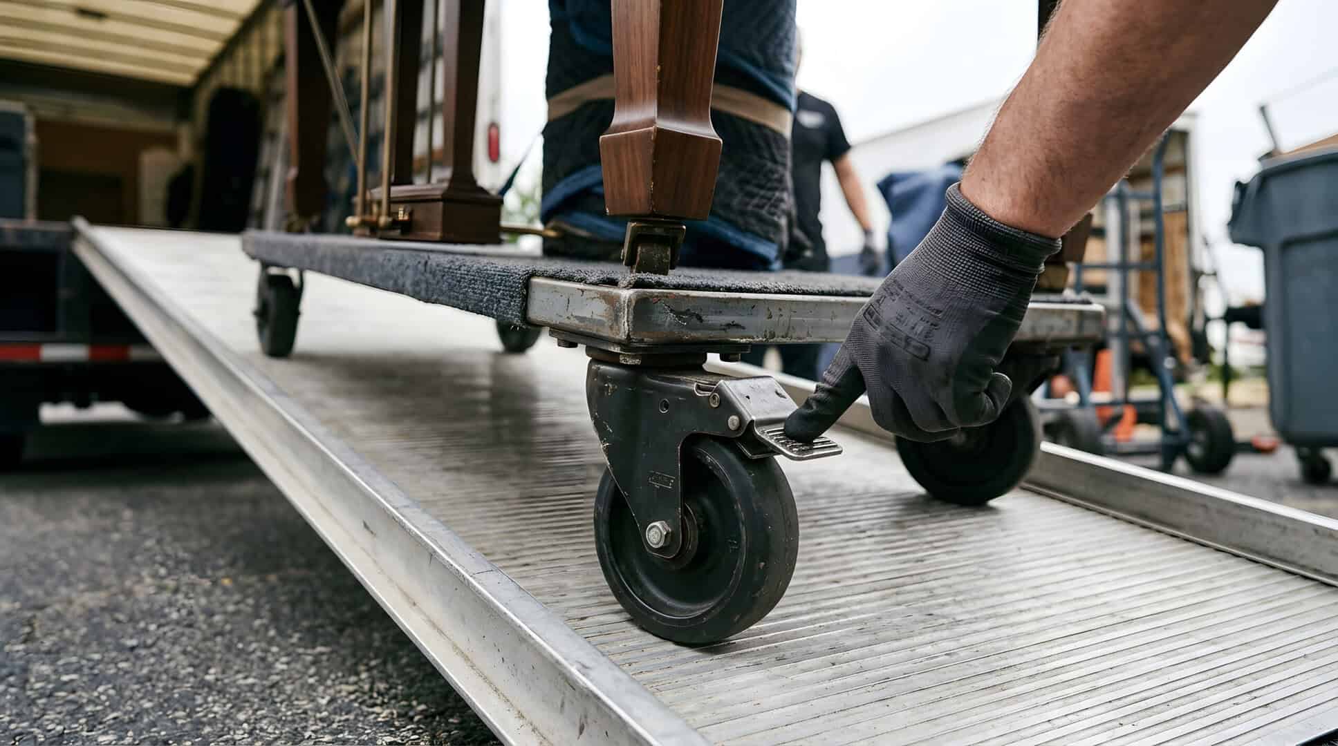 Piano movers safely relocating piano to delivery truck